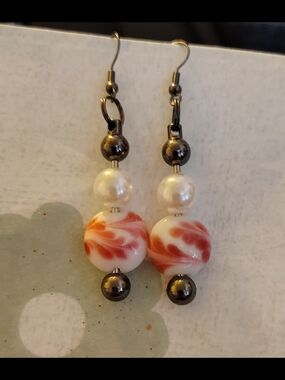 White and Coral Swirl Bead Drop Earrings